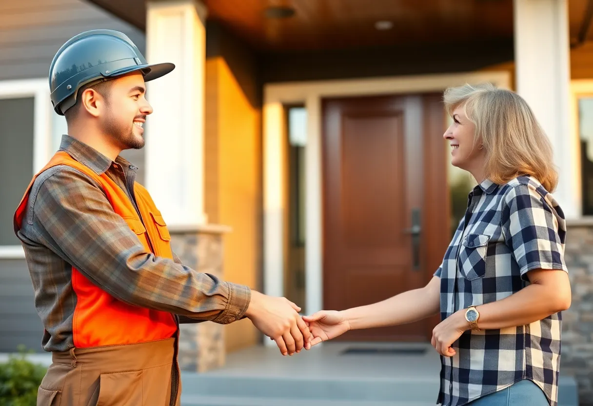 Vakman en tevreden klant geven elkaar een hand voor de woning